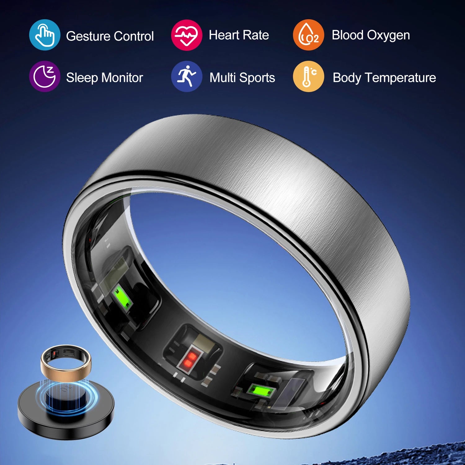 R10 Smart Ring with Charging Case Men Women Health Heart Rate Sleep Monitor IP68 & 5ATM Waterproof Multi-Sport Mode