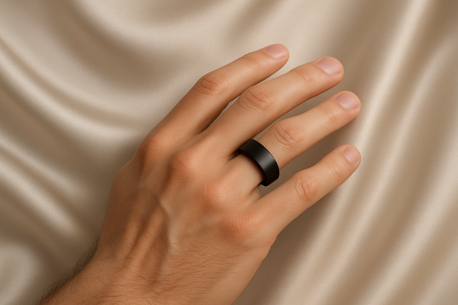 clean almost satin like background with a mans hand with a health ring 